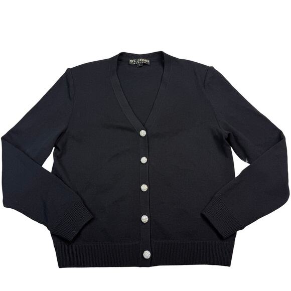 St. John Basics Santana Knit Black Cardigan Size S Jeweled Buttons Shoulder Pads - Picture 1 of 16
